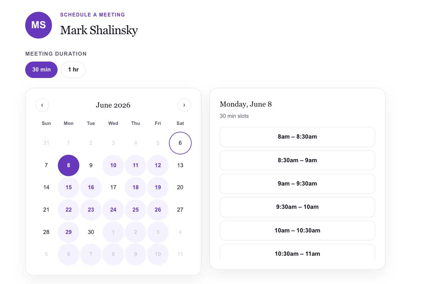 The Available Slots panel with day chips, an expanded day, and in-email badges