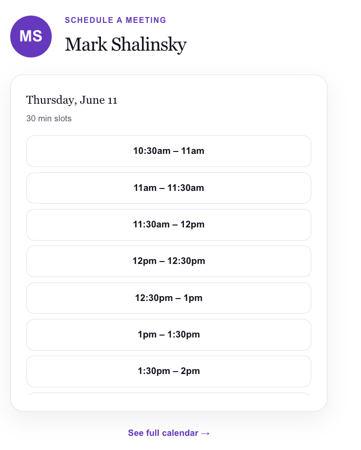 A constrained booking page showing only the 8 to 10am window the sender advertised