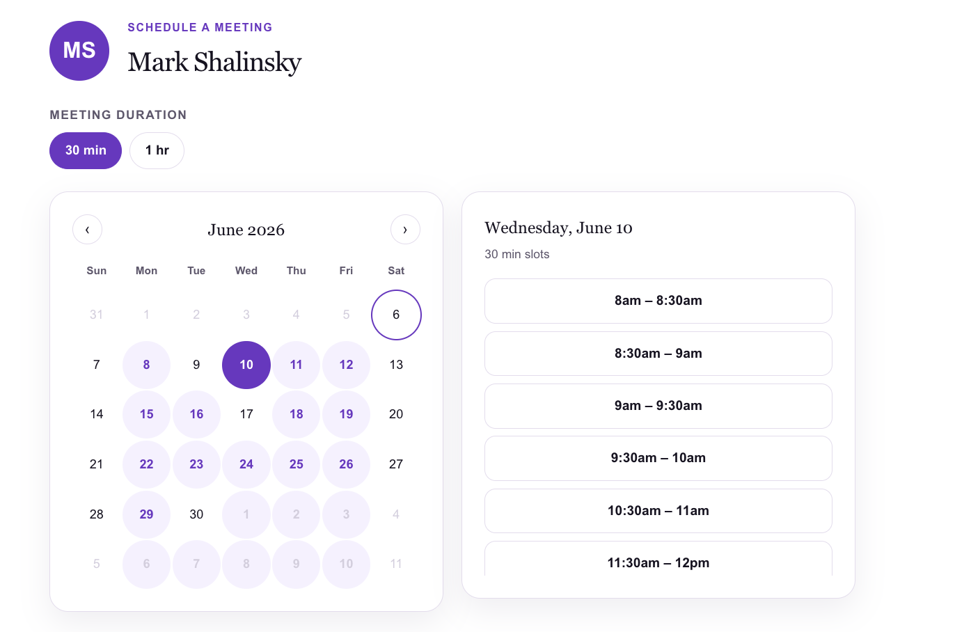 The booking page with available days highlighted and 30-minute slots listed