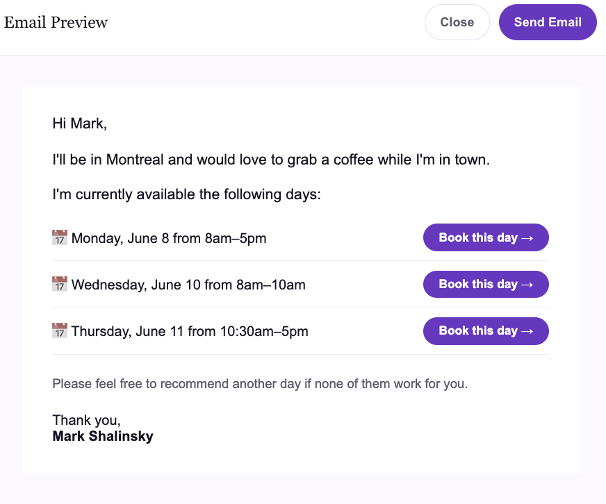 A personalized availability email with Book this day buttons