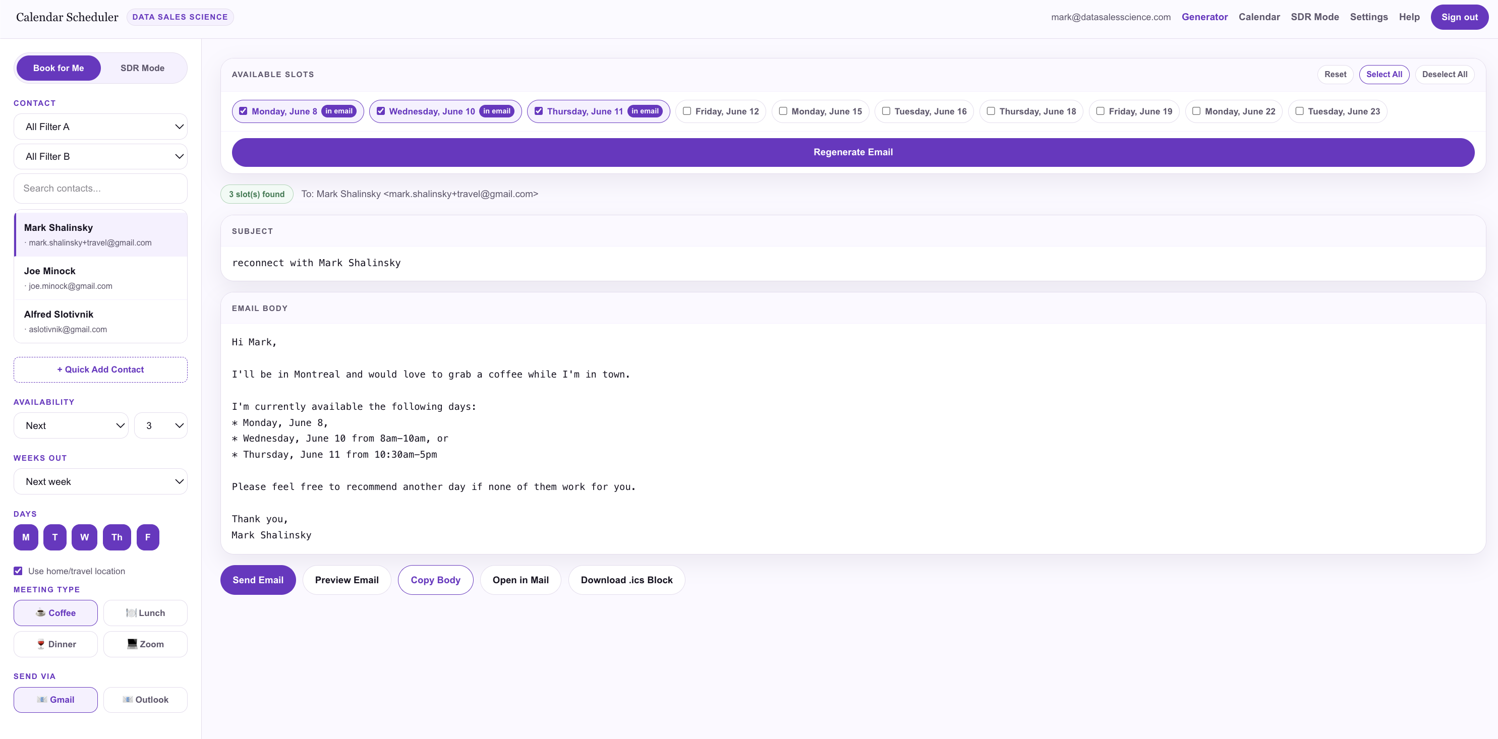 The SendMyAvailability email generator with a contact selected and a personalized availability email composed