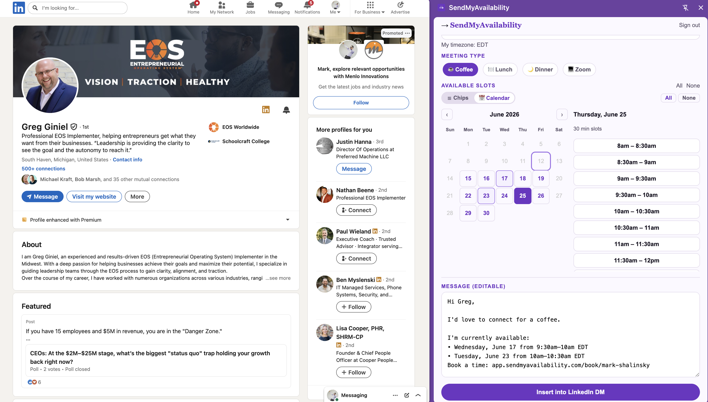 The SendMyAvailability extension open on a LinkedIn profile, showing meeting type, available slots, and an editable message with an Insert into LinkedIn DM button